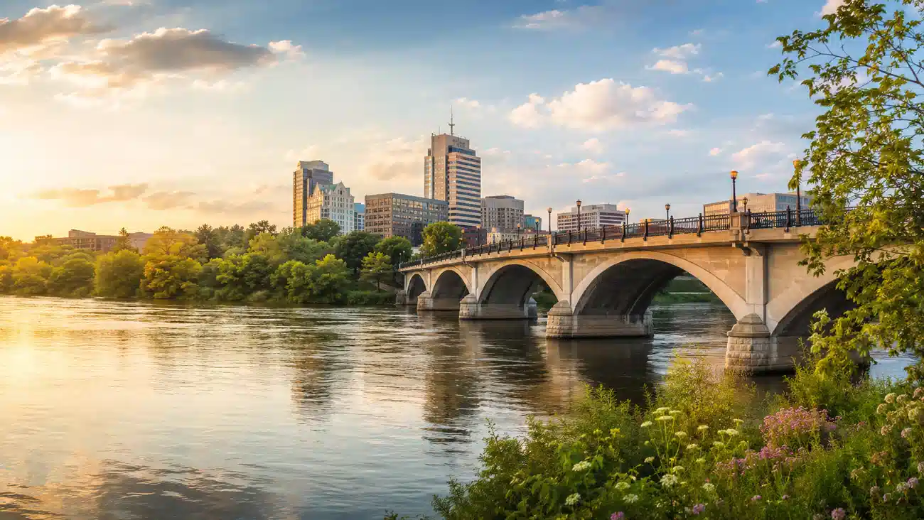 London Ontario limo service near the Thames River and downtown skyline
